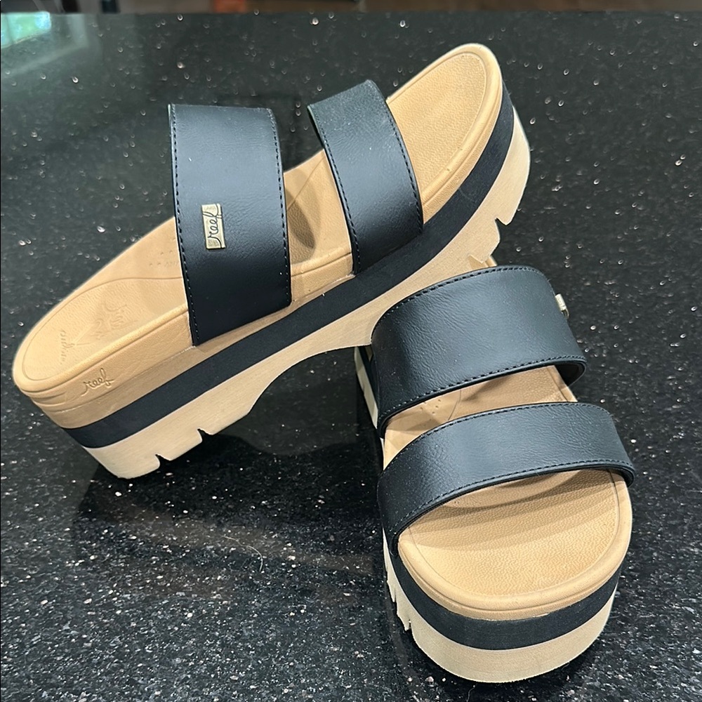 Reef Black and Tan Sandals with Modern Platform